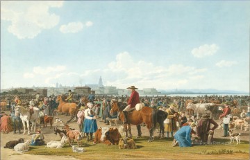 Wilhelm von Kobell Marché aux bestiaux devant une grande ville au bord d’un lac 1820 Peinture à l'huile